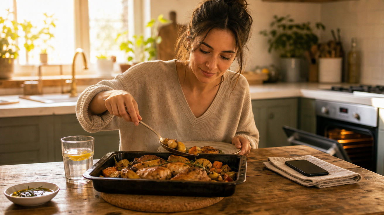 Mulher a servir comida de um tabuleiro no forno numa cozinha iluminada pela manhã.