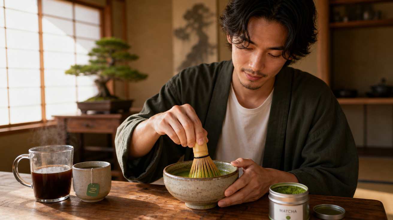 Homem a preparar chá matcha com batedor tradicional numa sala com decoração japonesa.