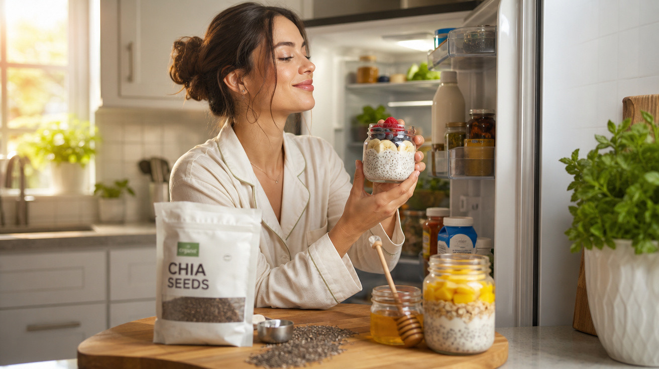 Mulher na cozinha a segurar frasco de sementes de chia com iogurte e frutos vermelhos junto a bancada com ingredientes.