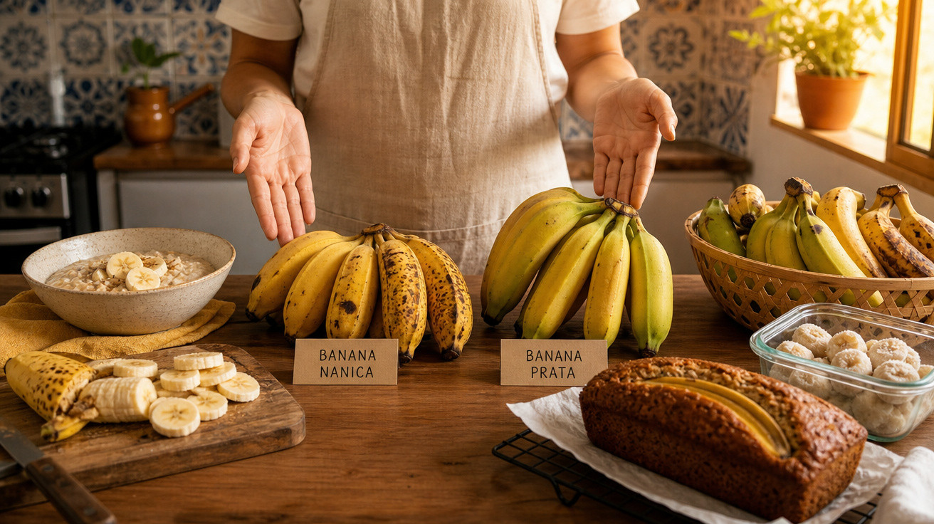 Pessoa a apresentar dois cachos de banana nanica e prata numa mesa com outros alimentos à base de banana.