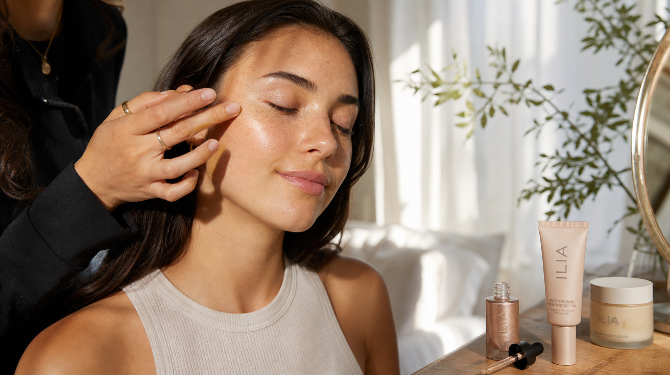Mulher a receber aplicação de sérum facial num ambiente luminoso, com produtos de skincare sobre a mesa.