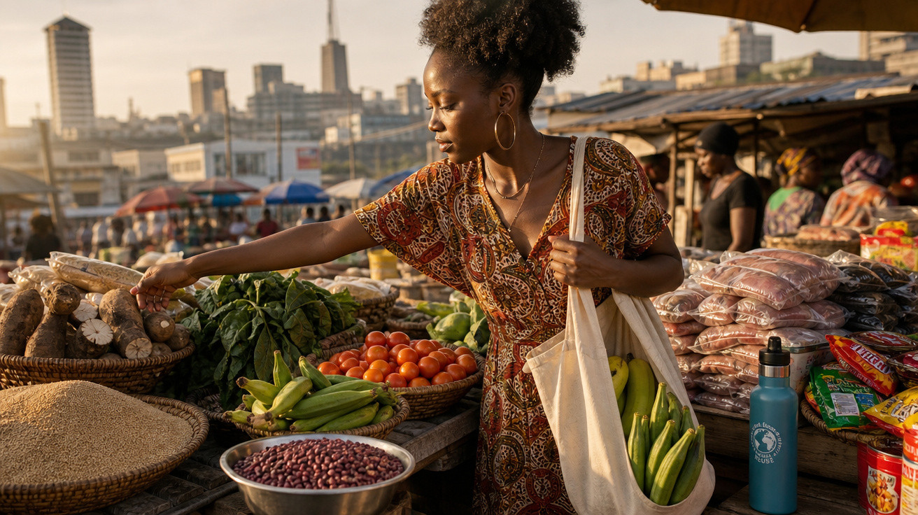 Mulher negra escolhe legumes num mercado ao ar livre com edifícios ao fundo ao pôr do sol.