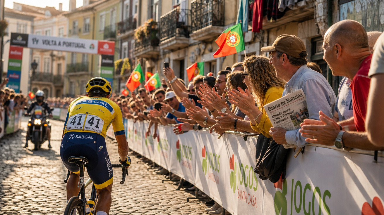 Ciclista com camisola amarela a pedalar numa rua de paralelepípedos aplaudido por espetadores com bandeiras de Portugal.