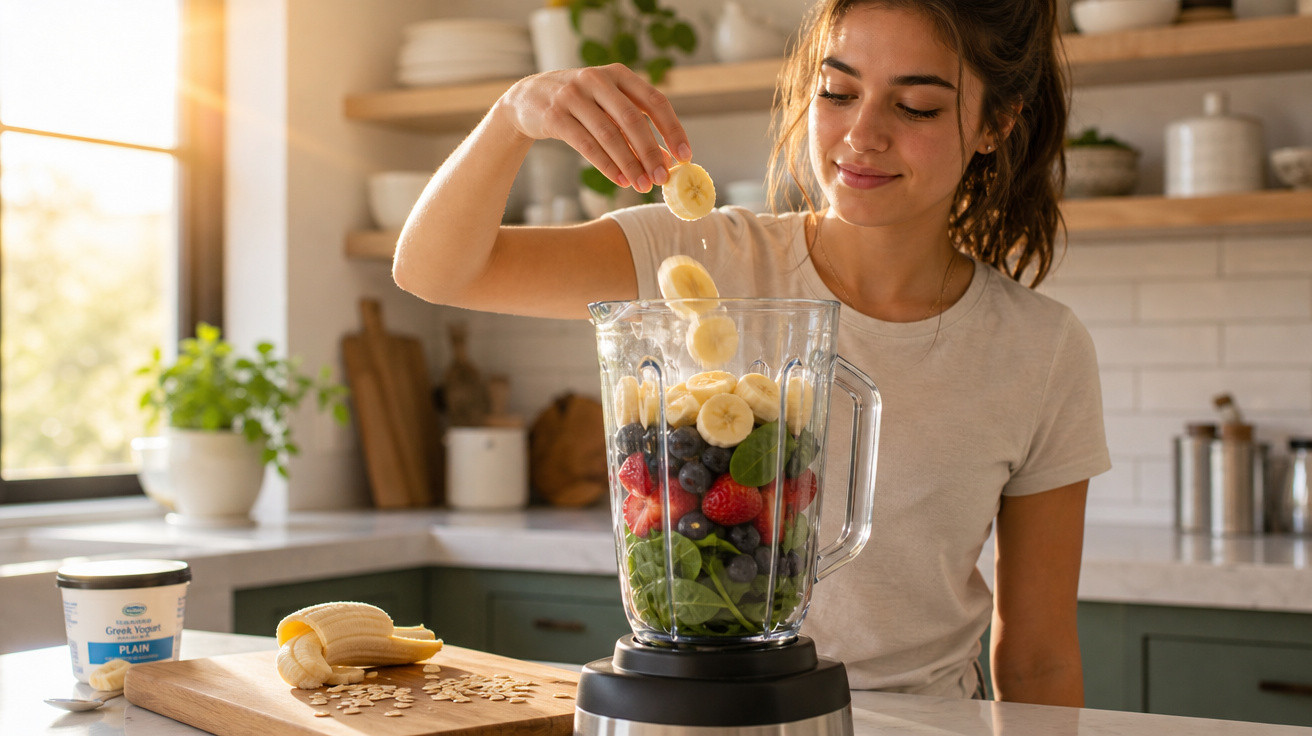 Mulher a preparar sumo saudável com banana, frutos vermelhos e espinafres num liquidificador na cozinha.