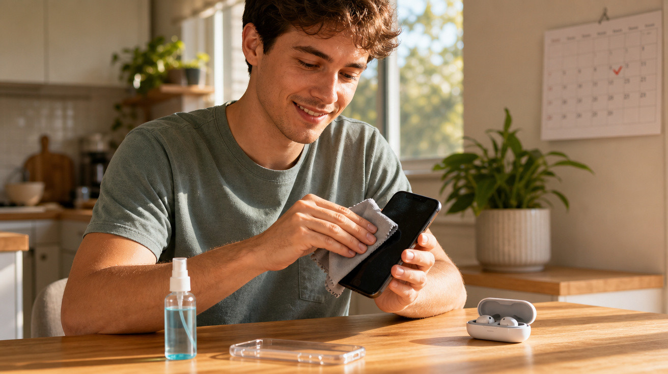 Homem a limpar ecrã do smartphone com pano, spray de limpeza e auriculares sobre mesa de madeira.
