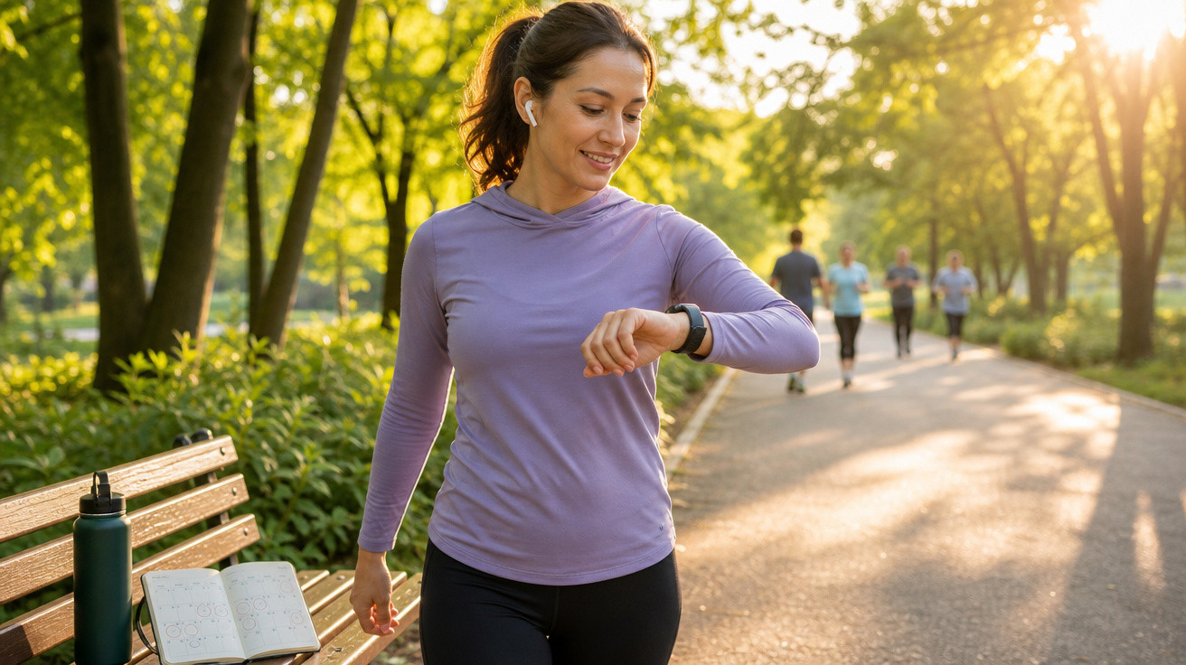 Mulher a caminhar num parque, a olhar para o relógio inteligente, com auriculares brancos e roupa desportiva.