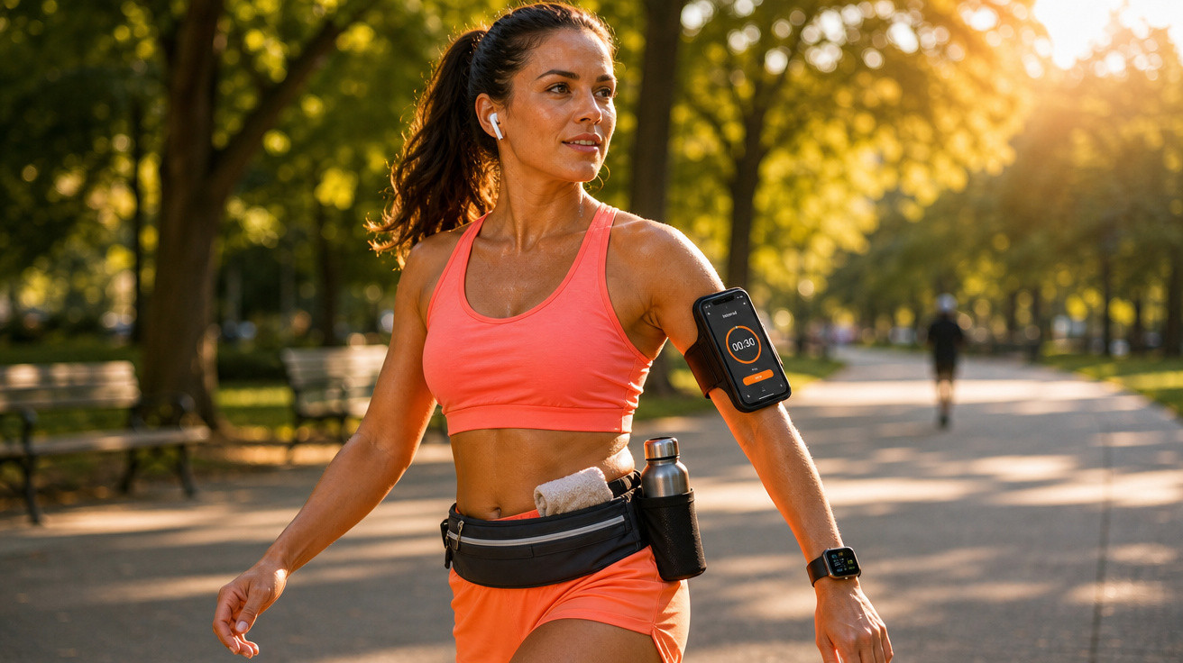 Mulher em roupa desportiva cor de laranja a correr num parque com auriculares e gadgets tecnológicos.