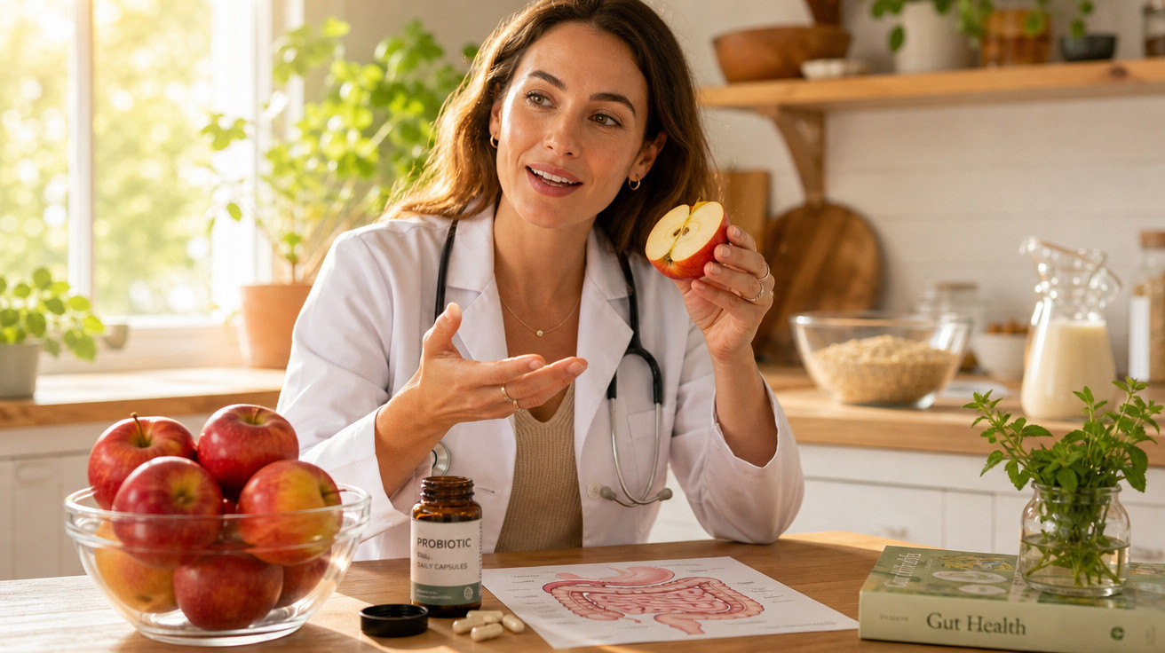 Mulher médica com bata branca a explicar benefícios de maçã e probióticos para saúde intestinal na cozinha.