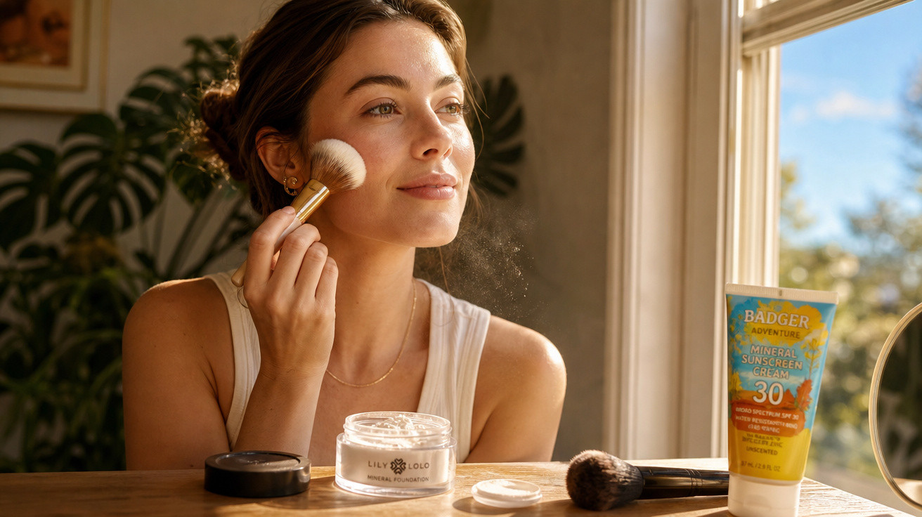 Mulher jovem a aplicar pó facial com pincel junto a janela iluminada, com produtos de maquilhagem na mesa.