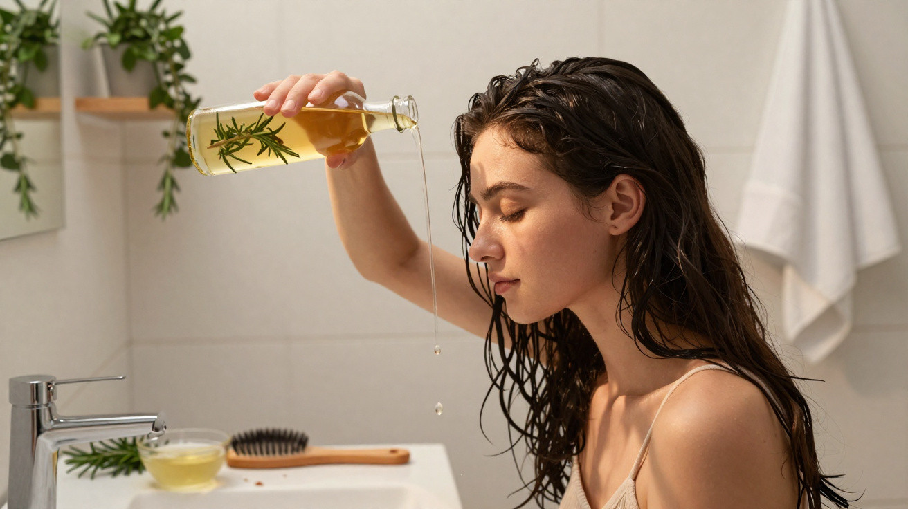 Mulher a verter óleo de alecrim no cabelo num ambiente de casa de banho relaxante e natural.
