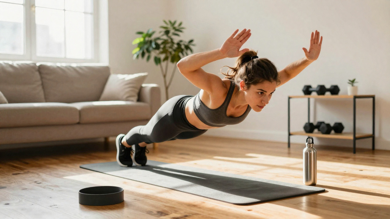 Mulher a fazer exercício de prancha com braços levantados numa sala de estar iluminada.
