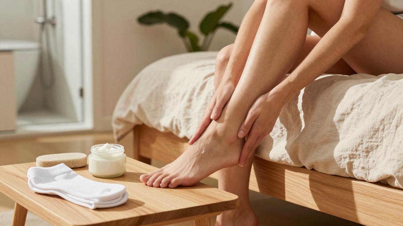 Pessoa a aplicar creme hidratante nos pés sentada numa cama, com meias e esponja sobre mesa de madeira.