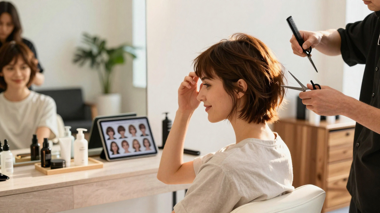 Pessoa a cortar cabelo curto num cabeleireiro, com espelho à frente e tablet com estilos de cabelo.