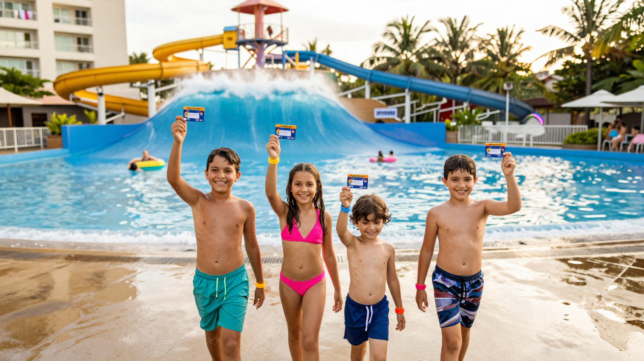 Quatro crianças de biquíni e calções na entrada de parque aquático segurando passes e sorrindo.