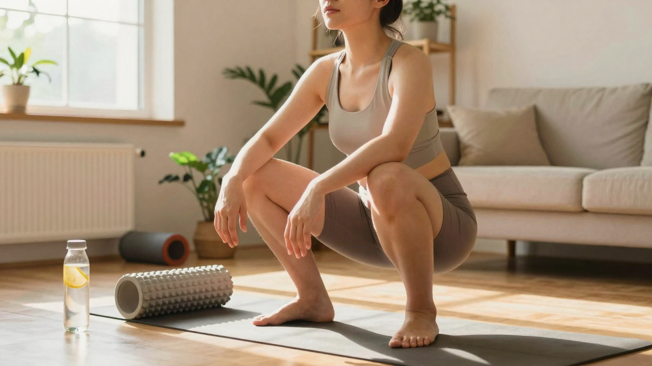 Mulher a fazer alongamento em casa, em cima de tapete de yoga, ao lado de rolo de massagem e garrafa de água.