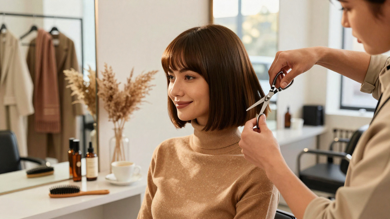 Mulher com cabelo castanho curto a receber corte de cabelo num salão de beleza moderno.