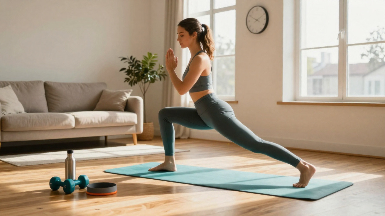Mulher a fazer yoga numa sala iluminada, com roupa desportiva e tapete azul no chão de madeira.