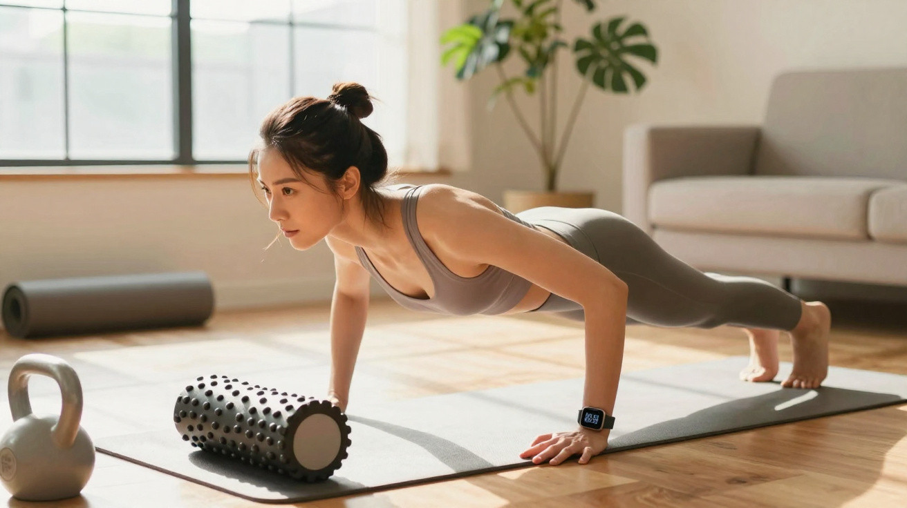 Mulher a fazer flexões num tapete de yoga numa sala iluminada com acessórios de fitness à volta.