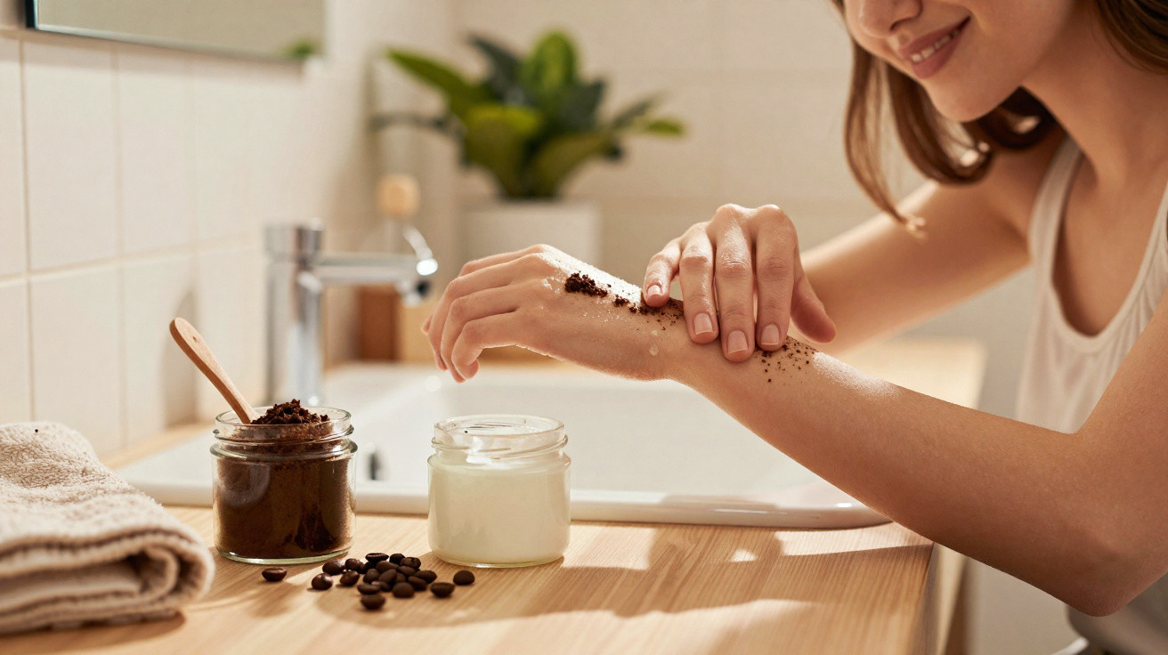 Mulher a esfoliar o braço com mistura caseira de café e óleo junto a um lavatório.