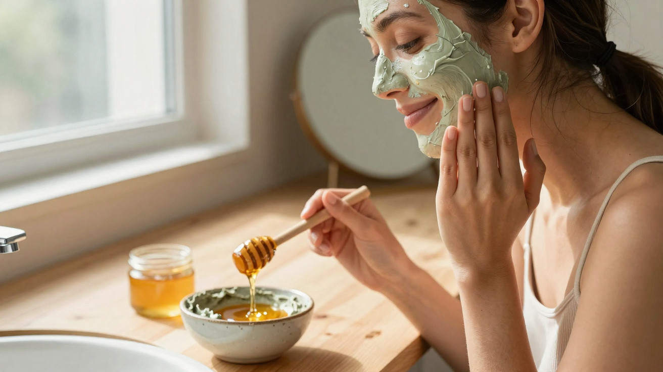 Mulher com máscara facial verde aplica mel no rosto numa sala de banho iluminada por luz natural.