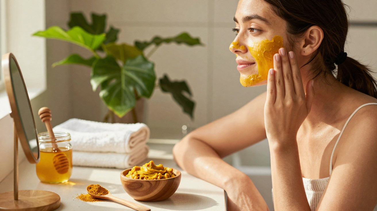 Mulher aplica máscara facial amarela num ambiente luminoso com toalhas, mel e plantas ao fundo.