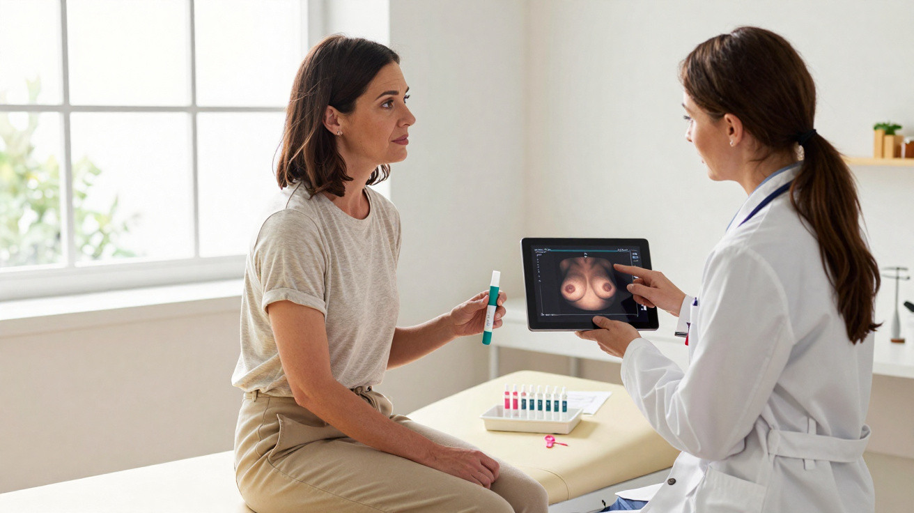 Médica explica resultados de exame de mama digital a paciente numa consulta numa clínica moderna.
