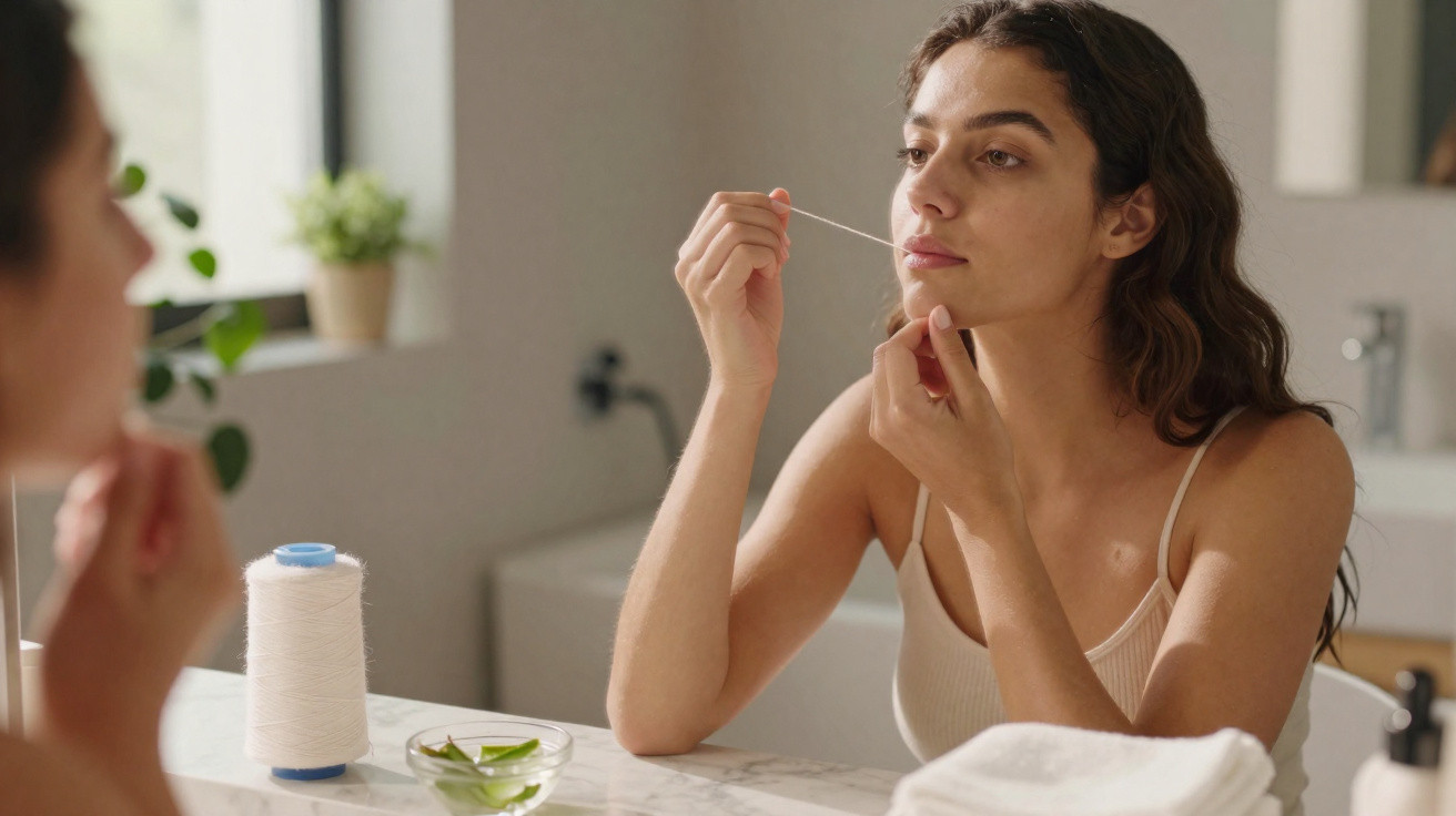 Mulher a remover pelos faciais com linha num espelho numa casa de banho bem iluminada.
