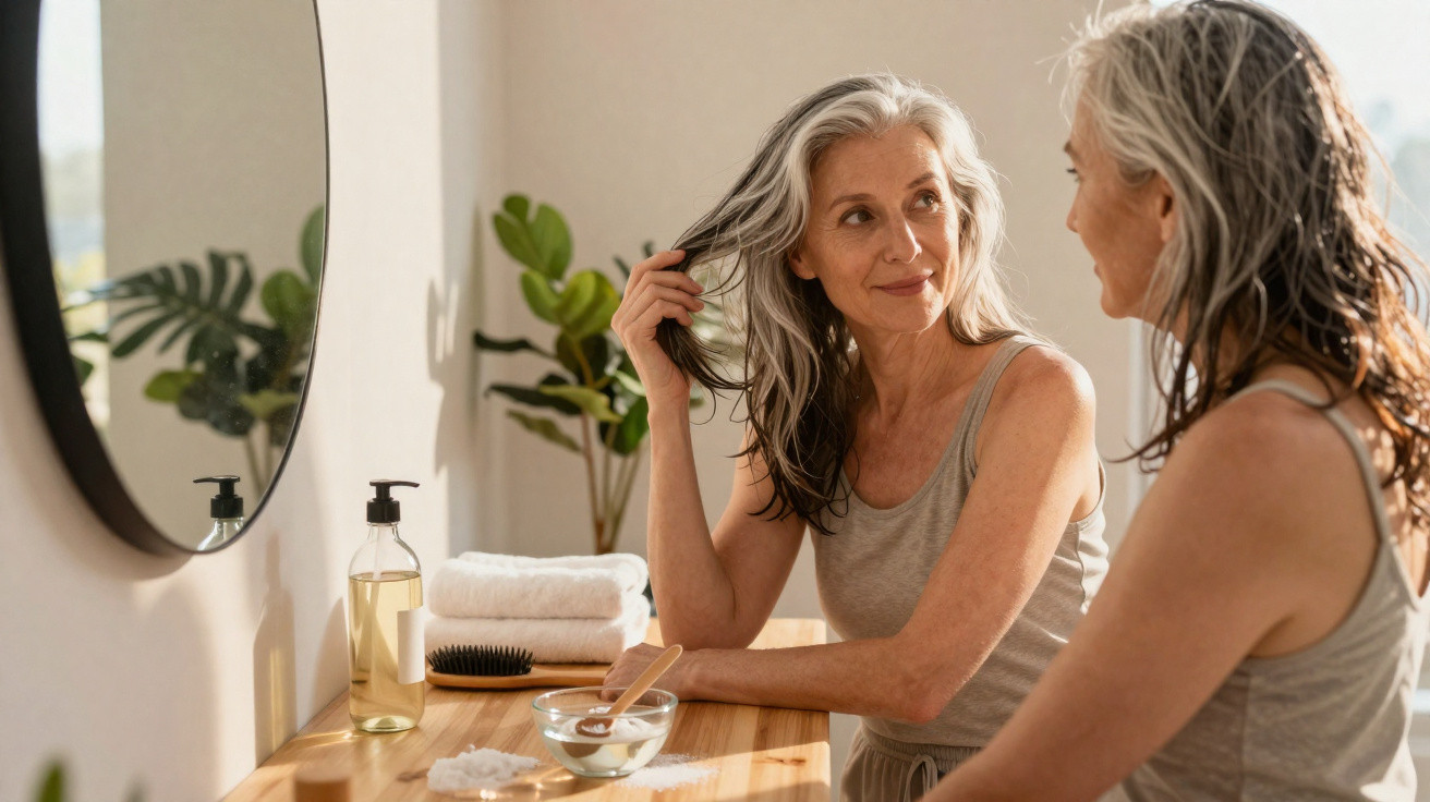 Mulher com cabelo cinzento a olhar no espelho, sentada numa mesa com produtos de cuidados pessoais.