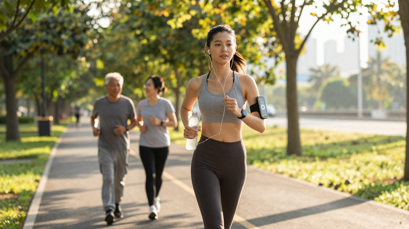 Mulher jovem a correr com auscultadores e garrafa de água num parque, com duas pessoas a caminhar ao fundo.