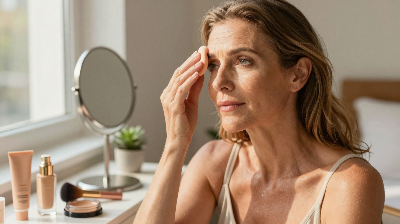 Mulher madura a aplicar creme facial junto a uma secretária com produtos de beleza, à luz natural.