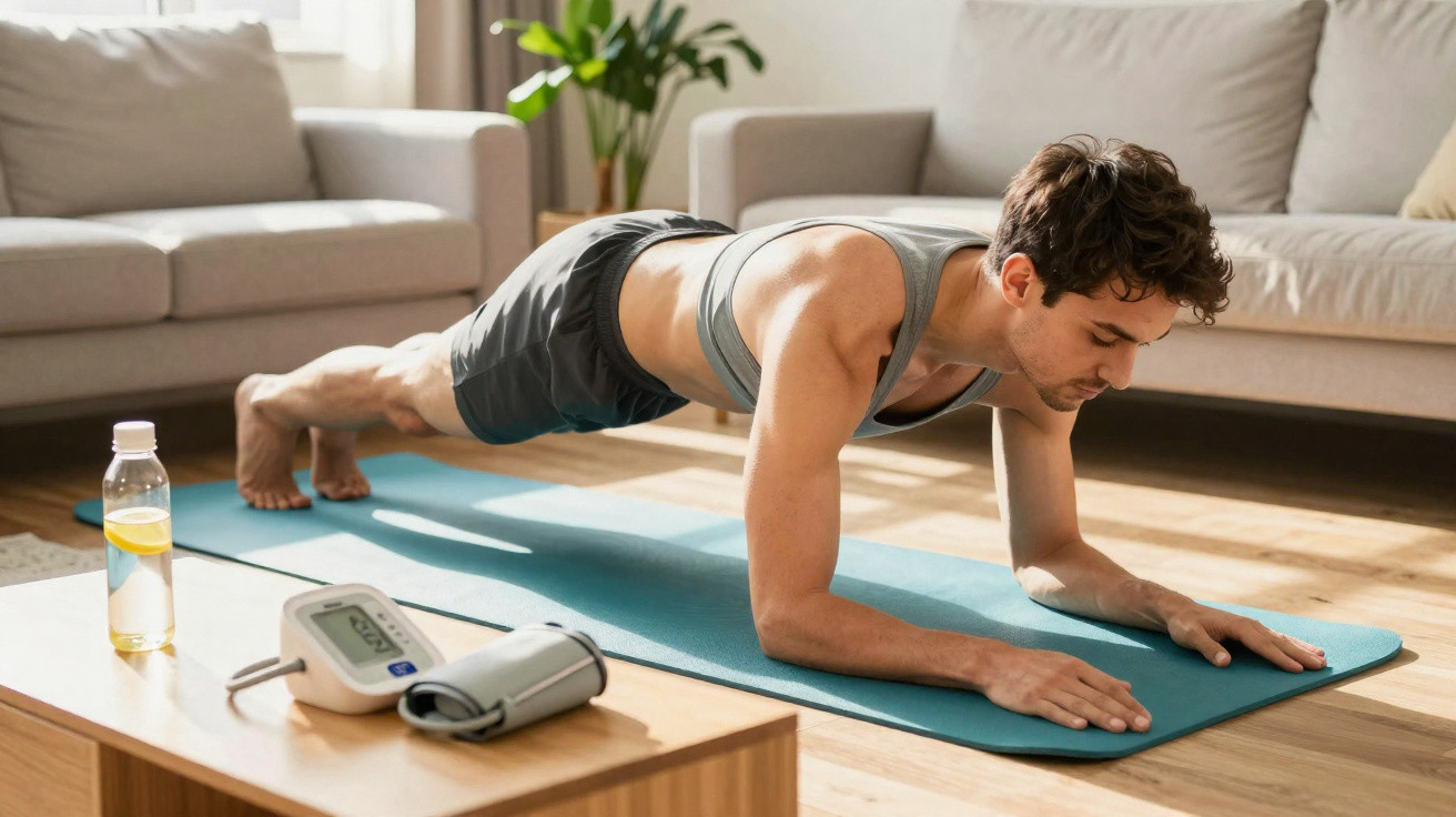 Homem a fazer prancha em tapete de exercício numa sala com sofá, planta e garrafa de água com limão.