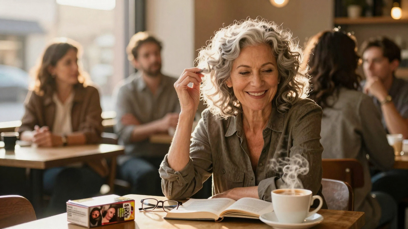 Mulher sorridente com cabelo grisalho lendo livro numa cafetaria com café fumegante e óculos na mesa.