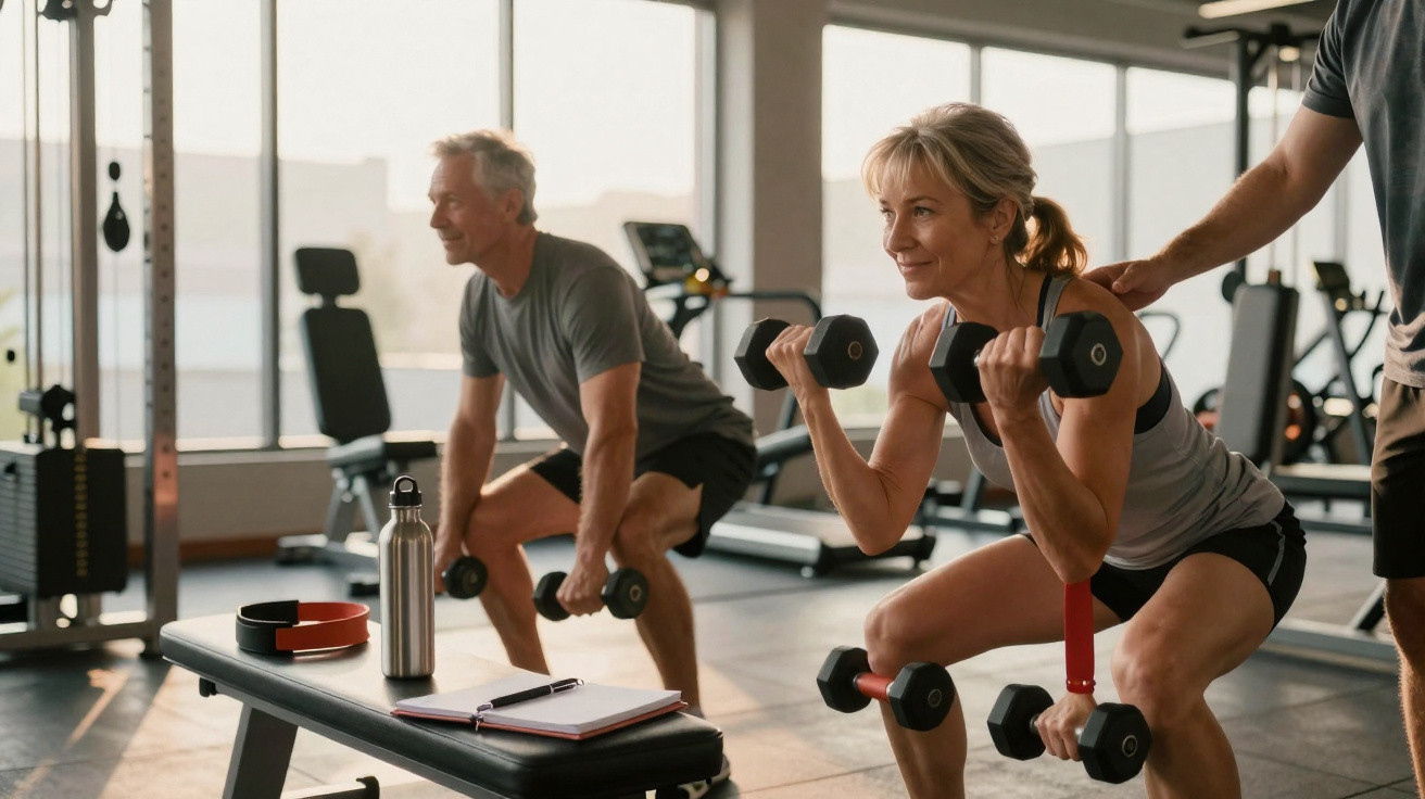 Casal sénior a fazer exercício com halteres numa academia, com treinador a ajudar.