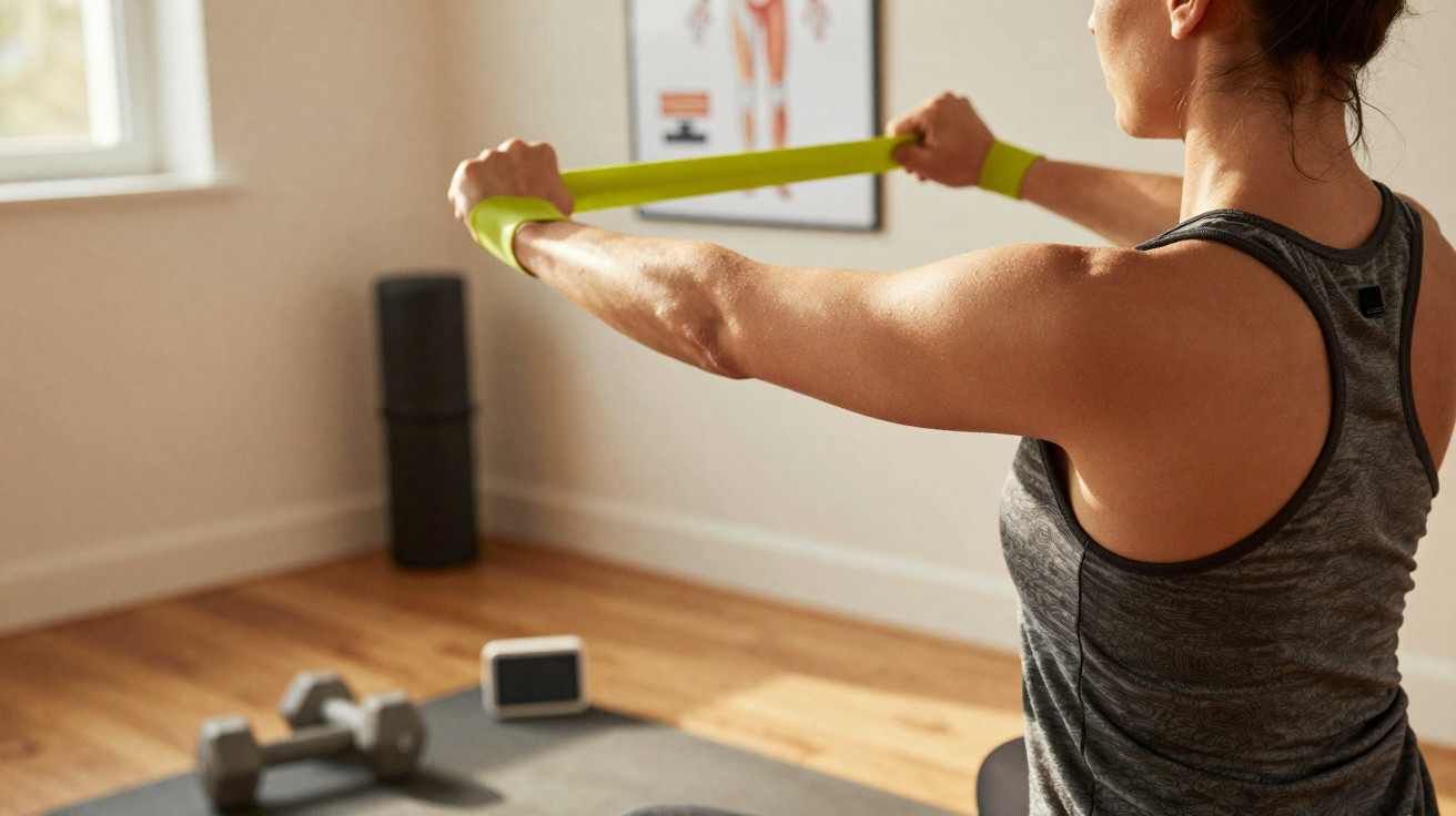 Mulher a fazer exercício com faixa elástica num quarto claro com halteres e tapete de yoga no chão.