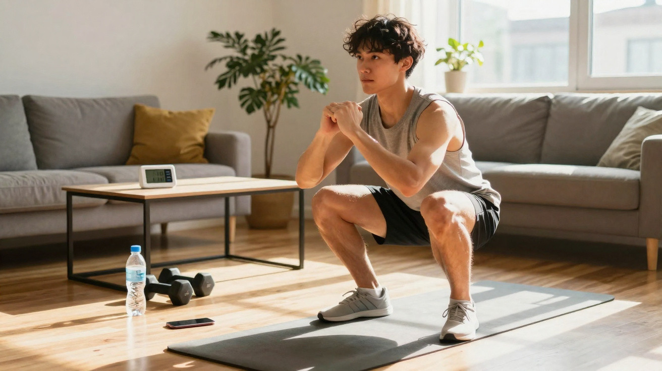 Jovem a fazer agachamento num tapete de exercício numa sala de estar iluminada.