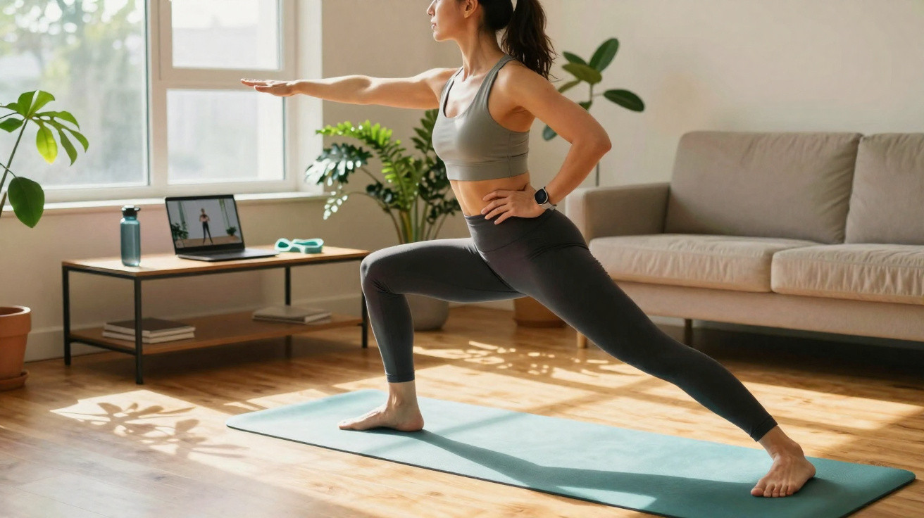 Mulher a fazer alongamento numa sala iluminada, seguindo aula de yoga no computador portátil.