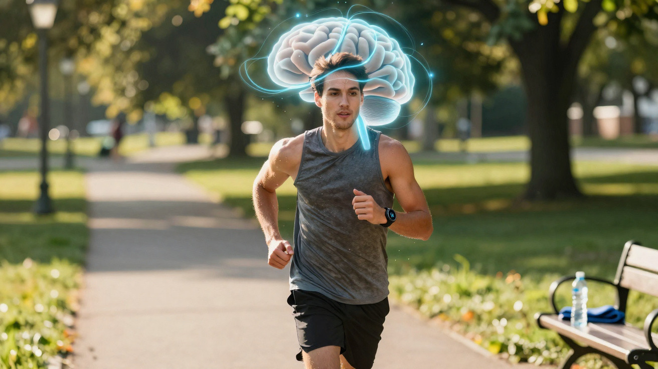 Homem a correr num parque com ilustração de cérebro transparente acima da cabeça.