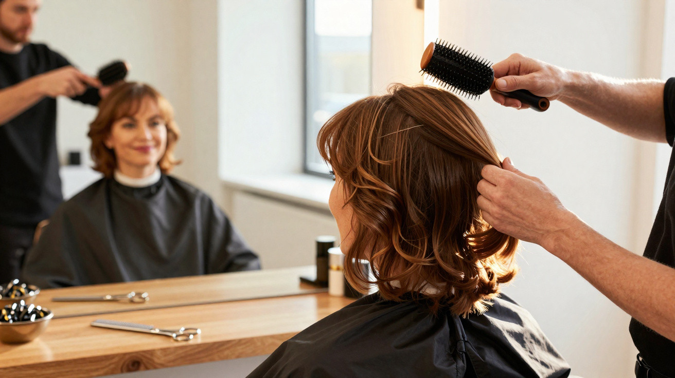 Mulher a sorrir sentada num cabeleireiro enquanto cabeleireiro penteia o seu cabelo castanho.
