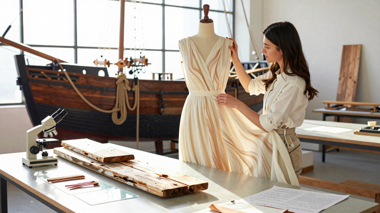 Mulher a ajustar vestido bege num manequim numa sala com mesa, microscópio e modelos de barco em madeira.