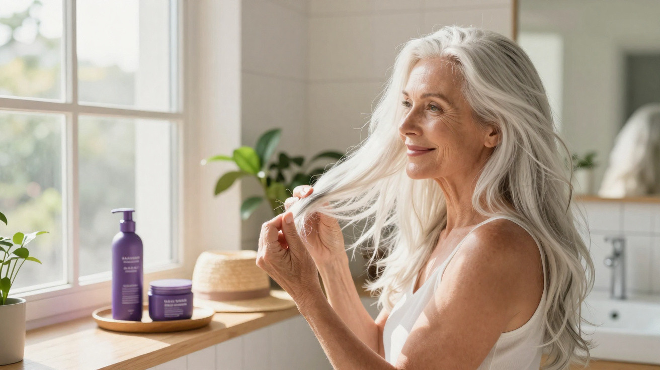 Mulher idosa sorridente a cuidar do cabelo comprido e branco num quarto de banho com plantas e produtos de cabelo.