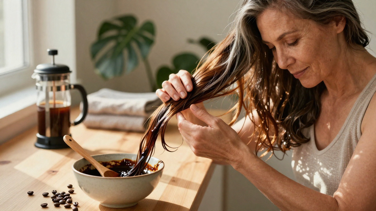 Mulher aplica máscara de café no cabelo sentada junto a mesa com prensas francesa e café.