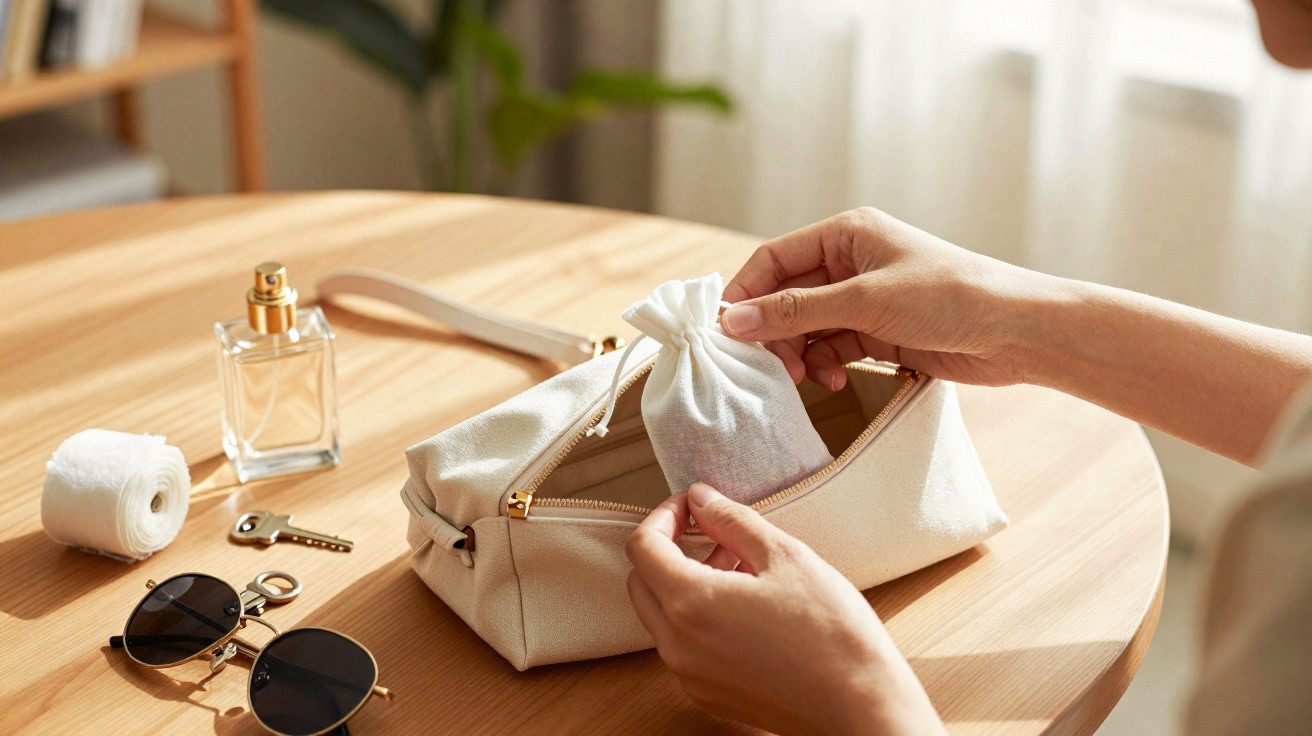 Mãos guardam saco de pano numa mala creme, sobre mesa com perfume, chave, cinta e óculos escuros.