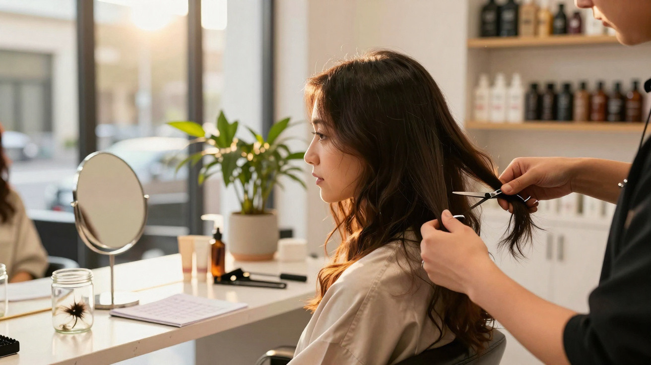 Cliente com cabelo castanho a ser cortado por cabeleireiro num salão moderno, com espelho e produtos no fundo.