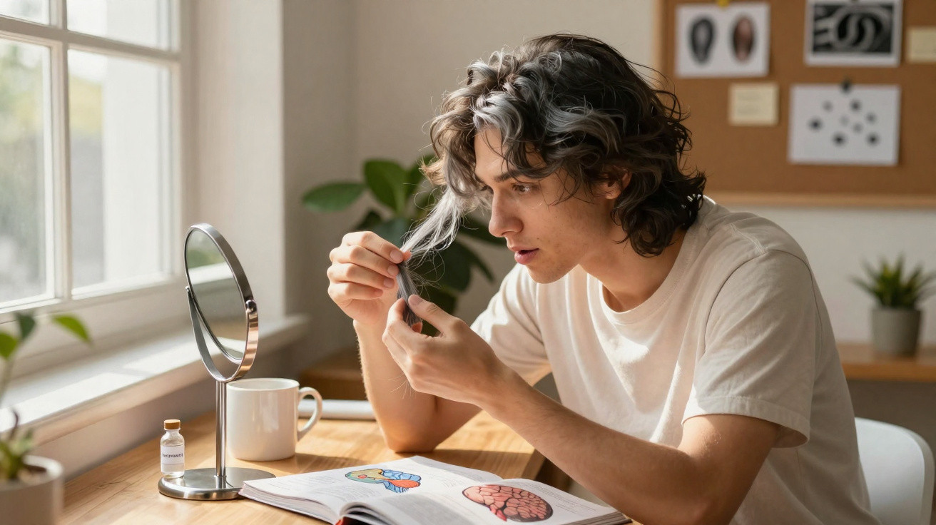Jovem olha atento para um fio de cabelo grisalho enquanto está sentado à mesa com livro aberto de anatomia.