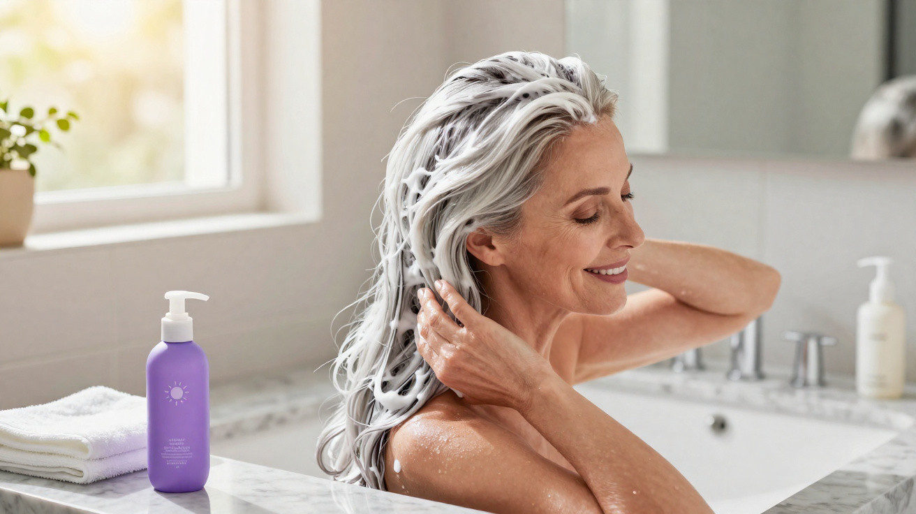 Mulher com cabelo branco a lavar o cabelo com champô num banho relaxante numa casa de banho iluminada.
