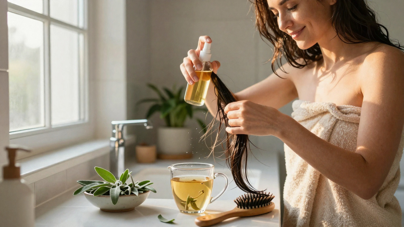 Mulher a aplicar óleo no cabelo, sentada junto a uma janela com uma planta e chá numa caneca.