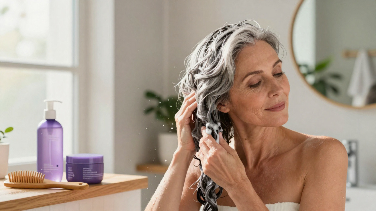 Mulher madura a lavar o cabelo com espuma, numa casa de banho luminosa e moderna.