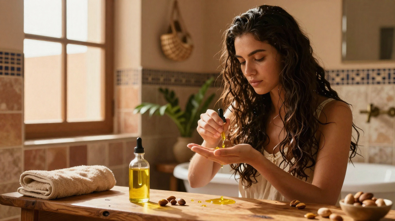 Mulher a aplicar óleo natural nas mãos num ambiente de casa de banho com luz natural suave.