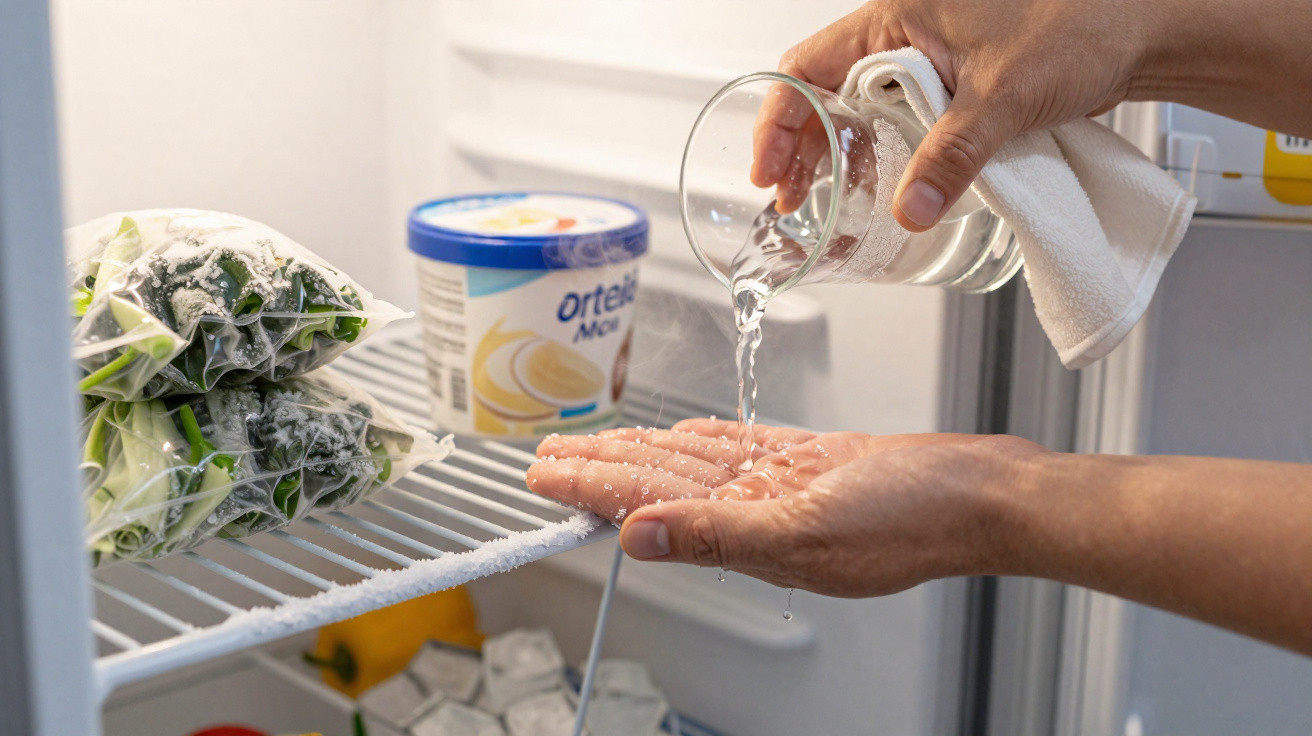 Mãos a verter água de um copo dentro de um frigorífico com alimentos congelados.