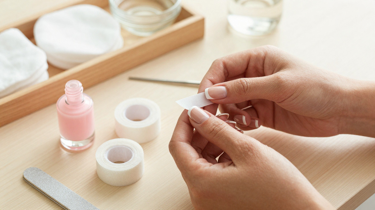 Mãos femininas a preparar unhas com fita adesiva, verniz rosa, buffer e algodão sobre mesa de madeira clara.
